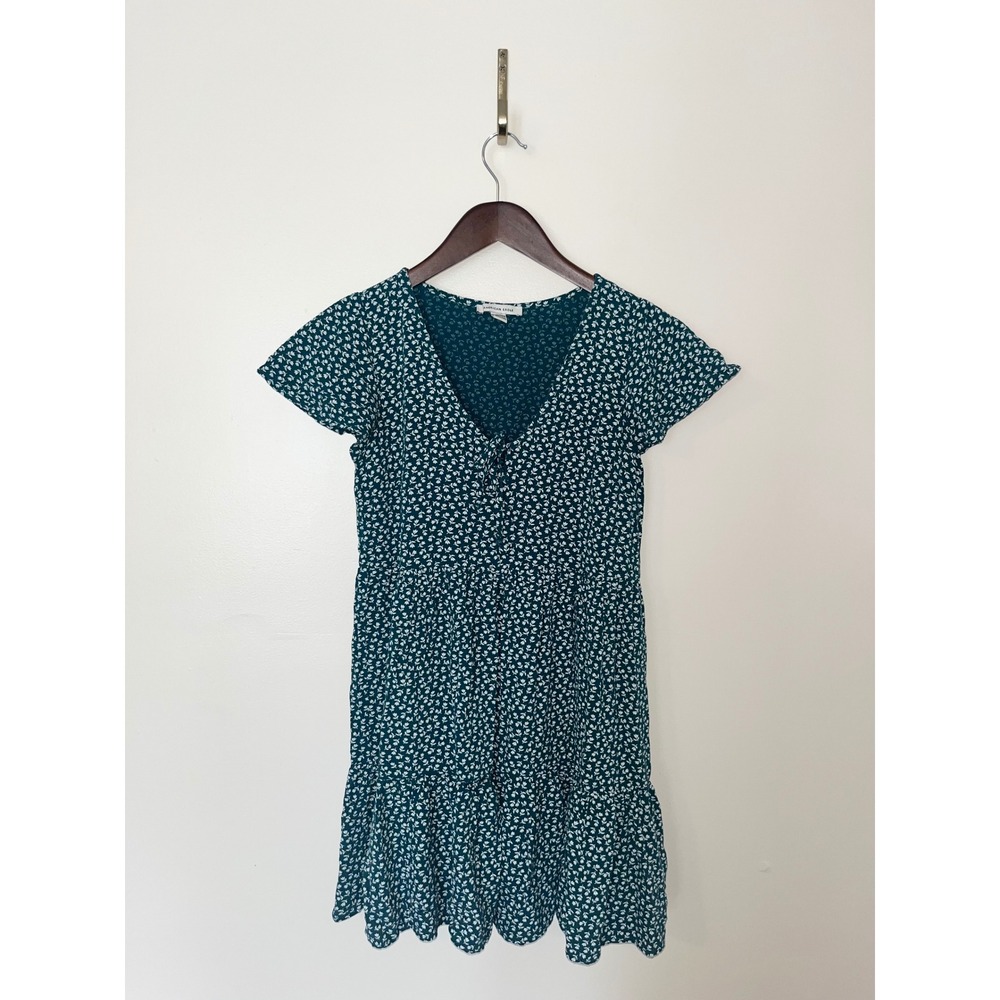 American Eagle Teal Floral Tiered Mini Dress Womens XS Short Sleeve V-Neck Boho